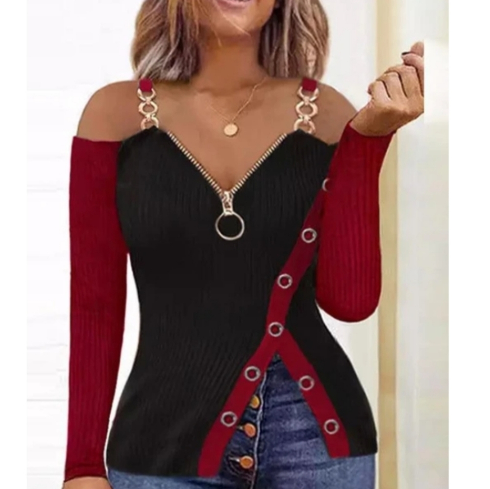NWT Asymmetrical Chain Straps Burgundy Red Black Stretchy Cold Shoulders Top